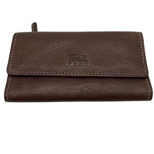 VTG Fossil Trifold Clutch Wallet Womens Brown Pebbled Leather Snap Organizer Y2K